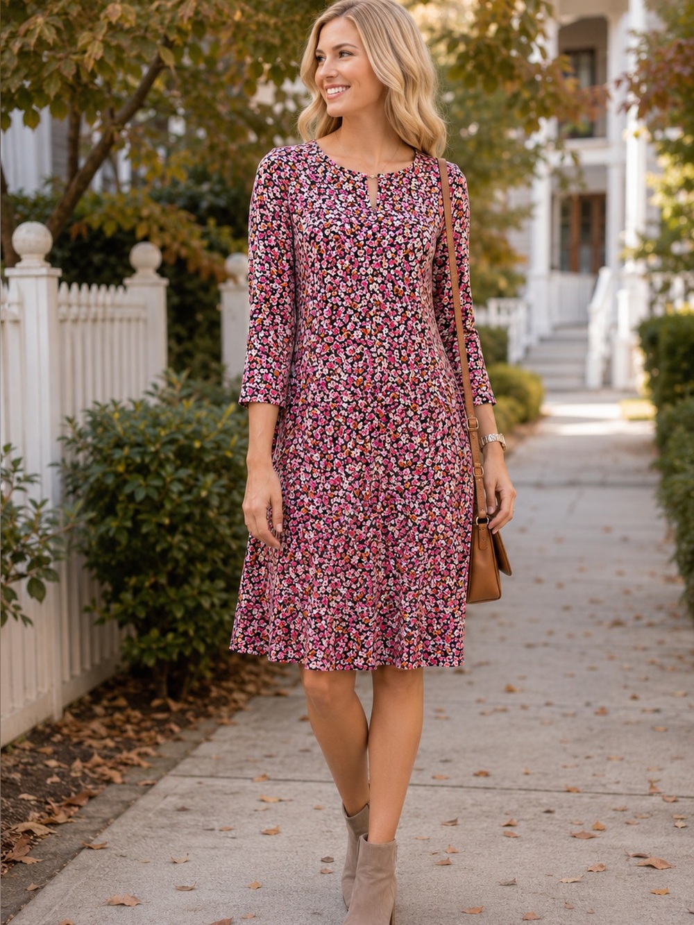 Company Ellen Tracy Dress Medium Floral Knit Stretch A-Line Pink Black